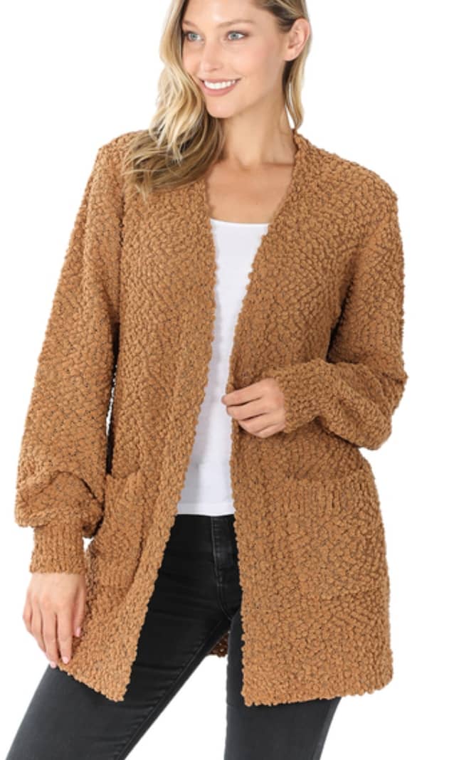 Puff Sleeve Popcorn Long Sleeve Deep Camel Cardigan Open Sweater with  Pockets | The Birds Nest Boutique & Decor