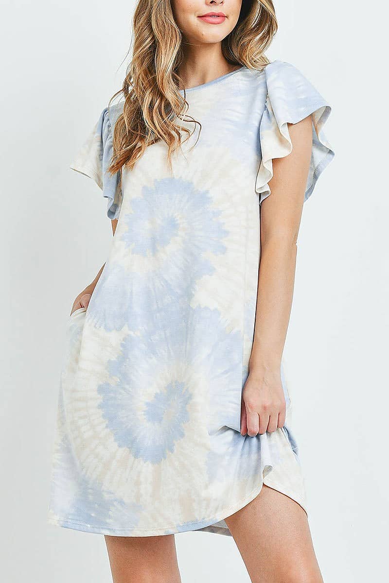 Bluey Swirl Tie Dye Mini Dress with Ruffle Sleeves and Pockets | The ...